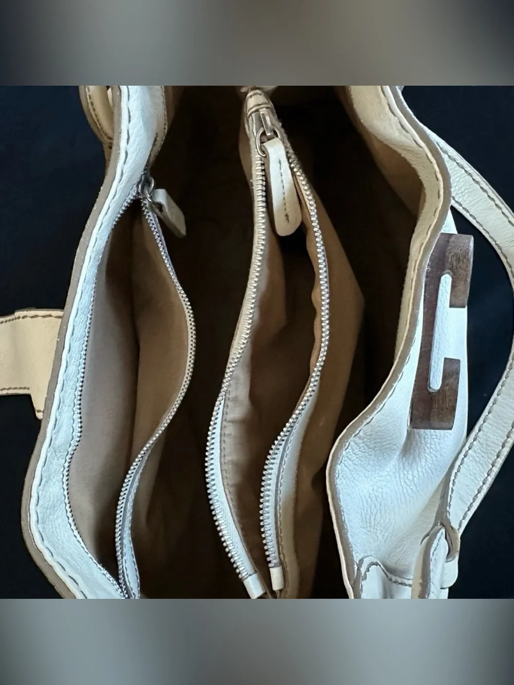 Tod's Cream Leather Shoulder Bag with Wood-Tone Accents